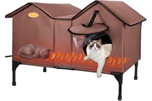 VILRAK Large Heated Cat House for Outside in Winter, Elevated Waterproof Insulated Outdoor Feral Cat House Shelter for Multiple Cats Small Dogs (Brown)