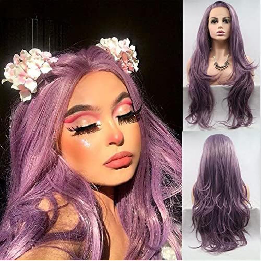 Xiweiya Lavender Purple Wig 13X3 Lace Front Wig Long Wavy Synthetic Heat Resistant Fiber for Women Halloween Cosplay 24 Inches — image 1