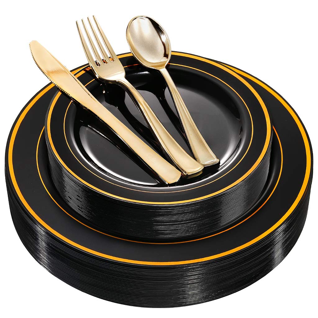 WDF 125 Piece Black Plastic Plates with Gold Rim & Disposable Gold Plastic Silverware - Premium Heavyweight Plastic Tableware for Wedding &Parties