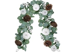 Winlyn White Pumpkin Garland Artificial Eucalyptus Garland with White Pumpkins Pinecones Berries Fall Foliage Garland for Wedding Arch Backdrop Thanksgiving Table Runner Farmhouse Décor 6' Long