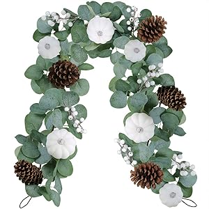 White Pumpkin Garland Artificial Eucalyptus Garland with White Pumpkins Pinecones Berries Fall Foliage Garland for Wedding Arch Backdrop Thanksgiving Table Runner Farmhouse Décor 6' Long