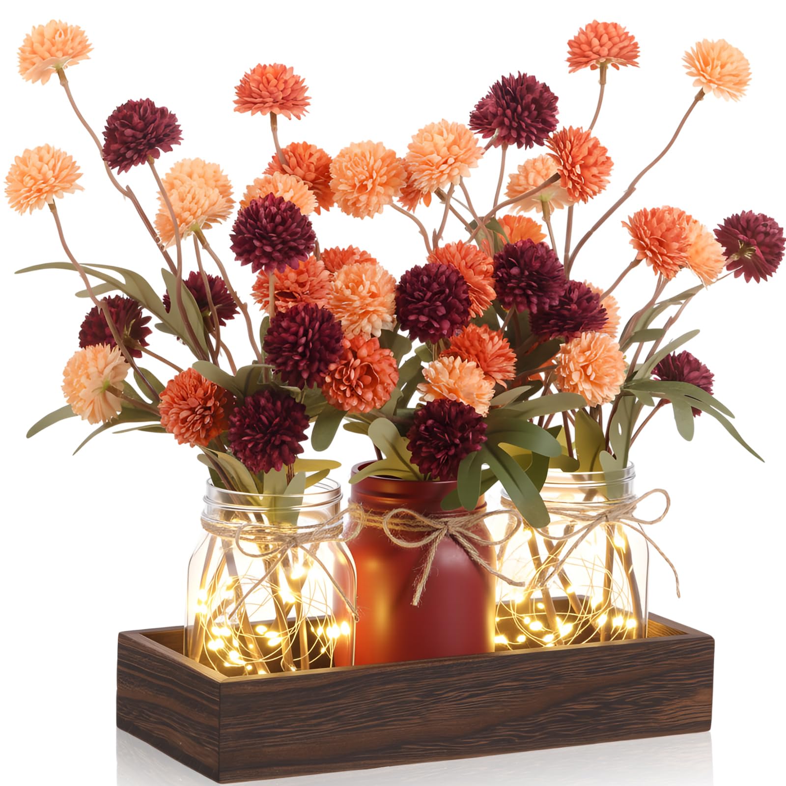 Photo 1 of Suncalla 3 Pcs Fall Mums Mason Jar Centerpiece Table Decorations Thanksgiving Fake Kiku Flowers with Wood Tray and LED Light Artificial Ball Chrysanthemums Flowers Decor for Home Kitchen
