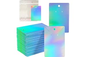 KIUKIUO 300pcs Holographic Earring Card Holder Paper Tags for DIY Ear Studs Necklace Jewelry Display,150 Set Earring Card with 150 Pcs Bags