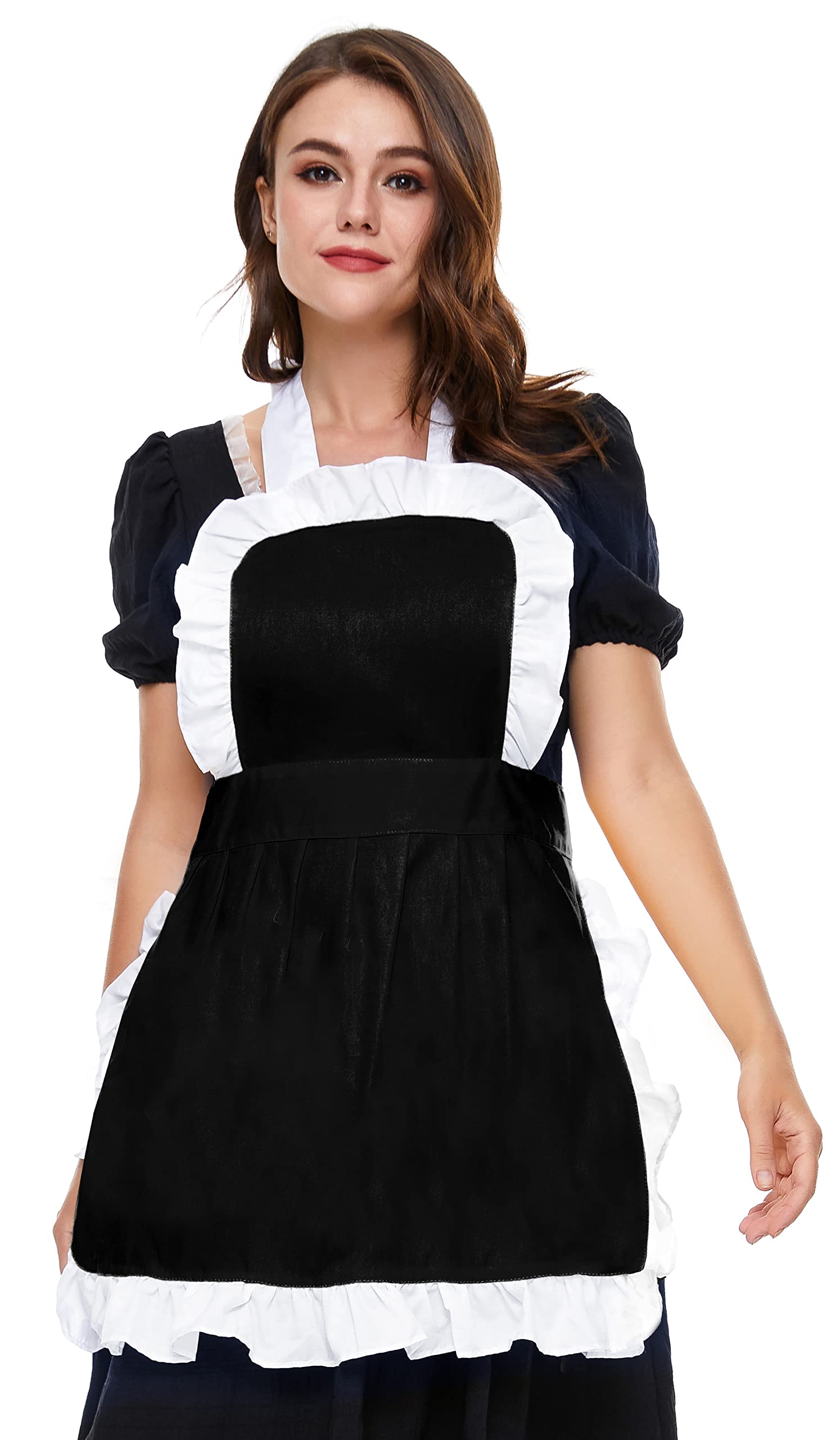 LilMents Women's Ruffle Outline Retro Apron Kitchen Cake Baking Cooking Cleaning Maid Costume (Black)