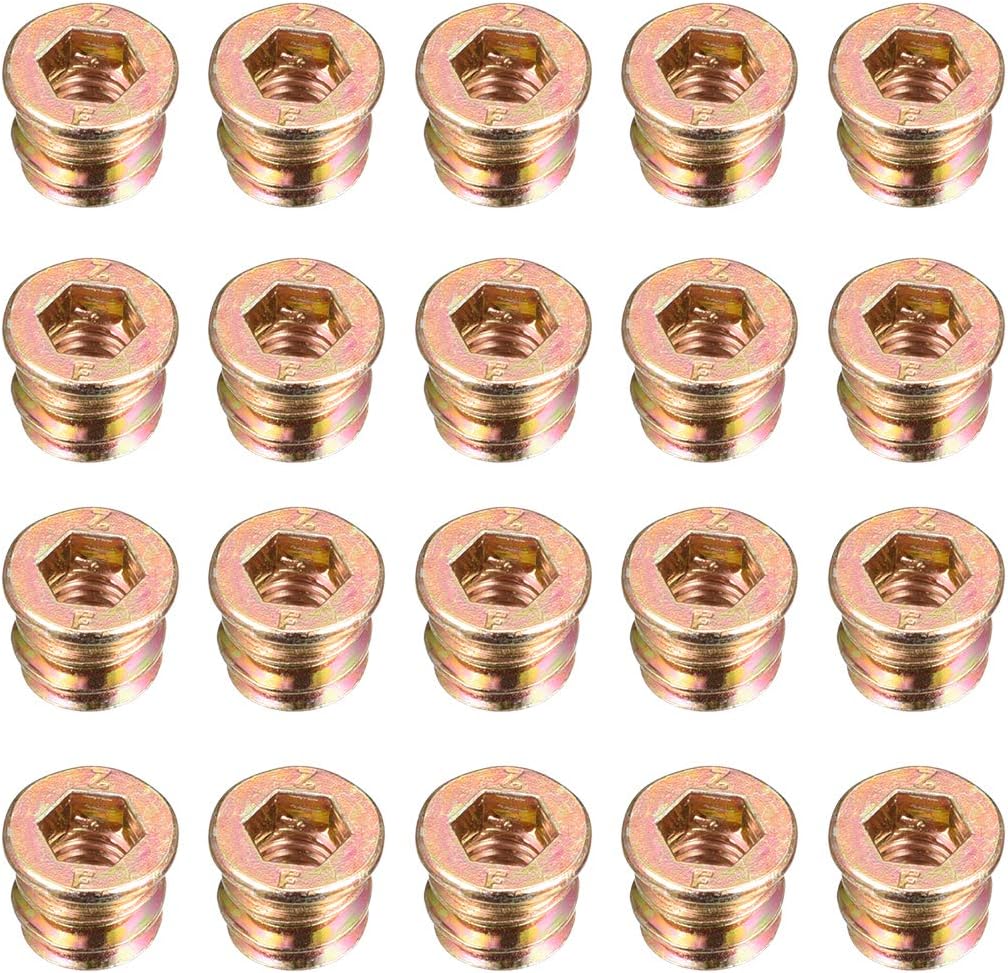 sourcing map Wood Furniture M6x10mm Threaded Insert Nuts Interface Hex Socket Drive 20pcs, Bronze Tone