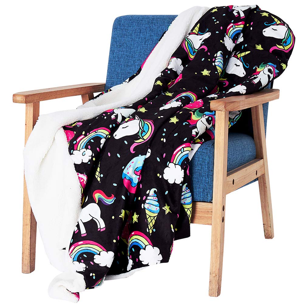 Loveternal Unicorn Graphic Blanket Hoodie for Women Rainbow Donut Cloaking Cabin Throw Blanket 3D Plush Small Lucky Star Ice Cream Warm Fleece Wearable Blanket Cuddle Home Black (60\