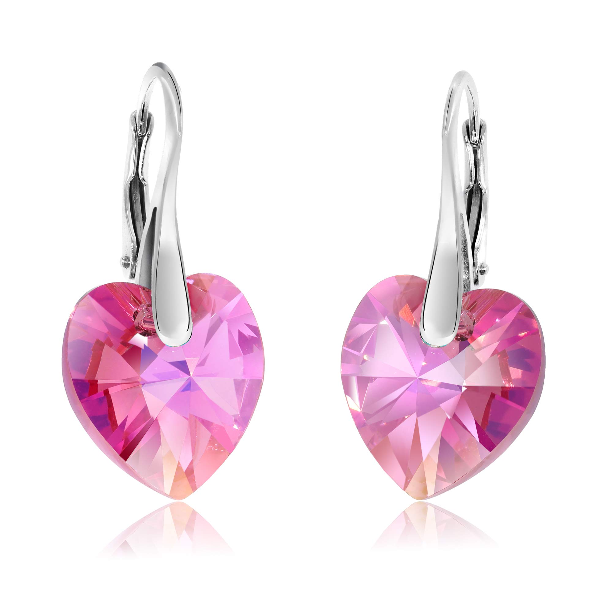 Chic Bijoux Drop and Dangle Earrings for Women - Made with 925 Sterling Silver and Austrian Heart Crystals for Sensitive Ears – Gift for Mum, Pink