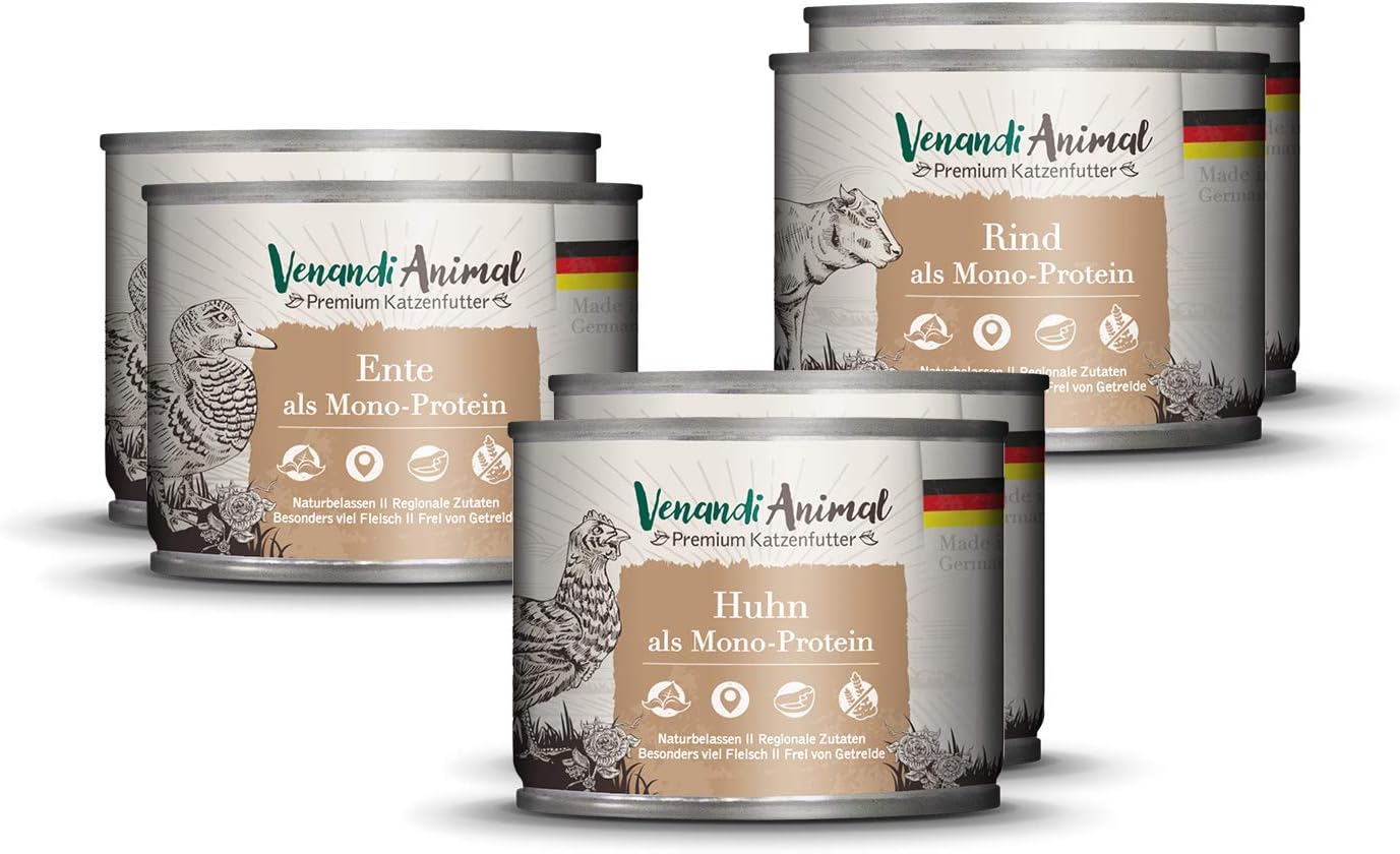 Venandi Animal Premium Wet Cat Food, Tasting Pack I, Chicken, Turkey Hen, Beef, 6 x 200 g (Pack of 6), Grain-Free and Natural