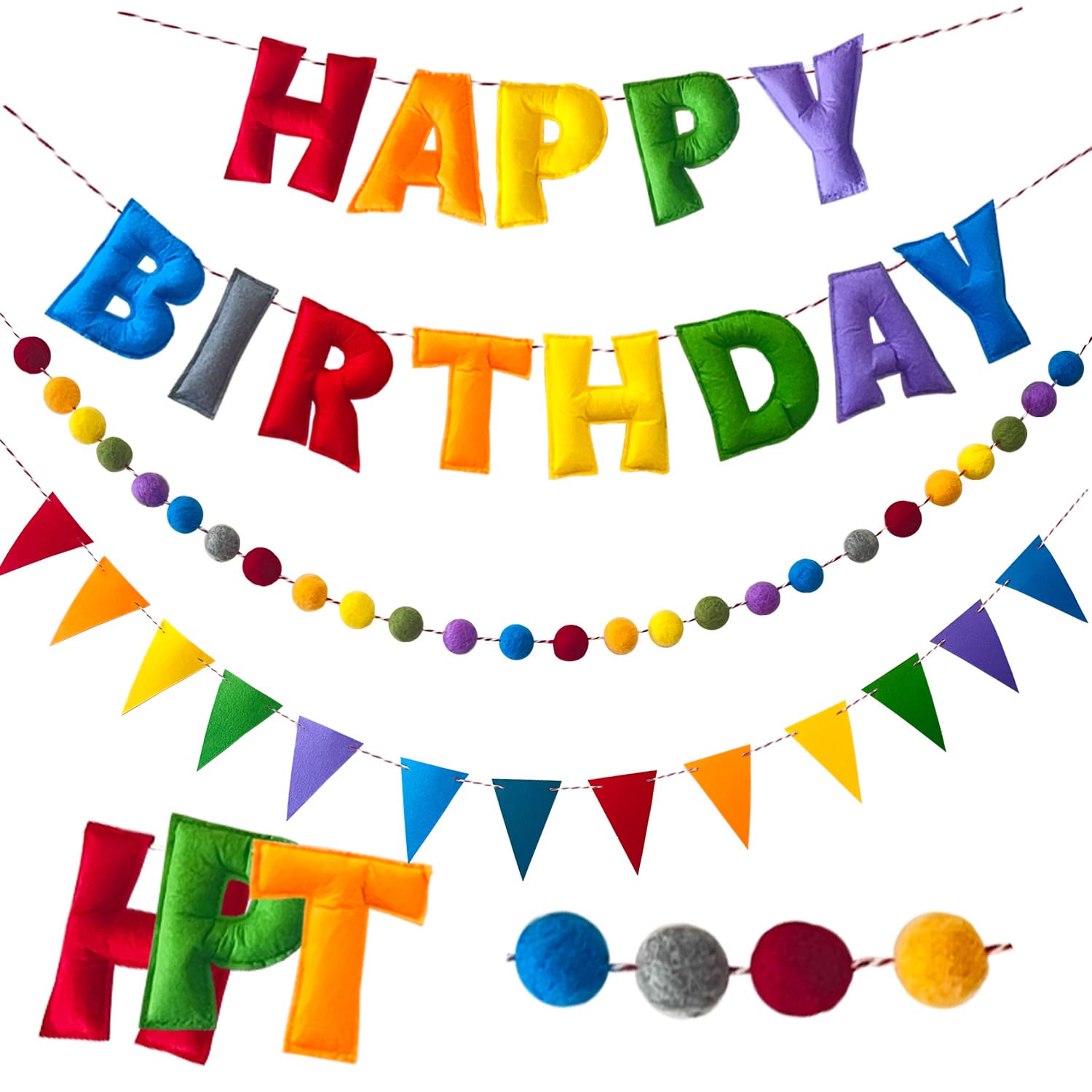 Danduolai Pre-Strung Happy Birthday Banner - Felt Ball Garland, Rainbow Birthday Decorations, Personalized Sign for Party Decor, Photo Prop (Colorful with Ball Flags, Medium (4 inches x 10 inches)) — image 1