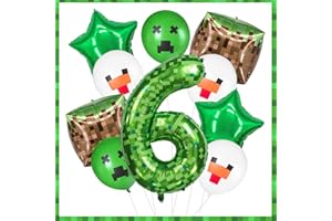 FJZEPIN 40 Inch Giant Green Pixel Miner Themed Number Foil Balloons, Mining Green Birthday Party Decorations Bundle 0-9 Optional Kids Anniversary Balloon Party Supplies (Number 6)
