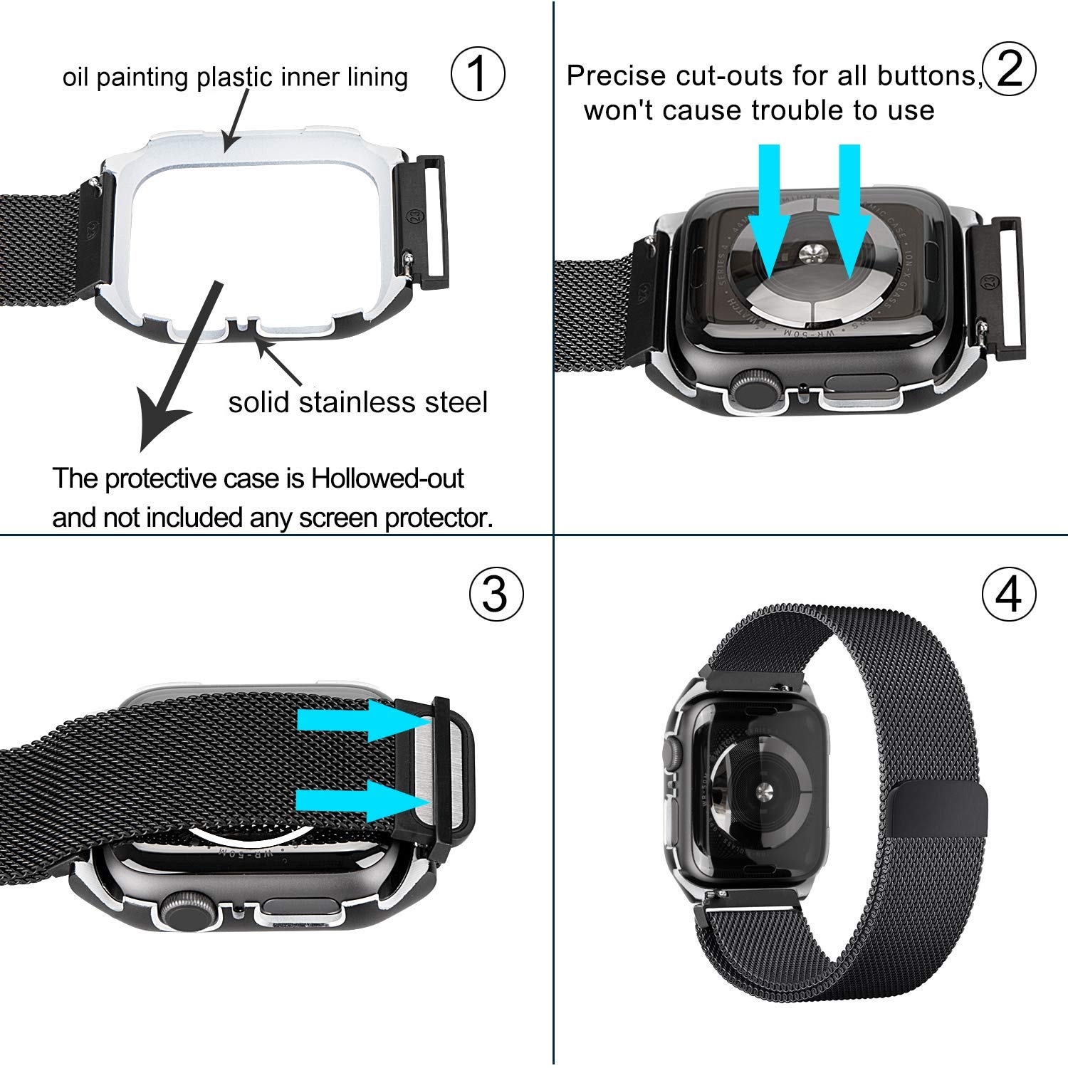 for Apple Watch 40mm Band with Case, Stainless Steel Mesh Milanese Loop with Adjustable Magnetic Closure Replacement Wristband for Apple Watch Series 4 (Black, 40MM)