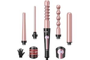 USHOW Curling Iron, 5 in 1 Curling Wand Set, Instant Heat Up Hair Curler with 5 Interchangeable Tourmaline Ceramic Barrels (0.35" to 1.25"), LCD Heat Display, 12 Adjustable Temperature (Pink)