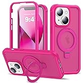 UTPPVX Compatible with iPhone 14/13 Case with Magnetic Ring Stand [Compatible with Mag-Safe] [Built-in Screen Protector] Military-Grade Shockproof Translucent Matte Phone Case, Rose Red