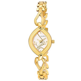 Aurex Analouge White Dial 18 K Gold Plated Watch Water Resistant Golden Color Strap Wrist Watches for Womens/Ladies/Girls (AX-LO2455-WHGL)