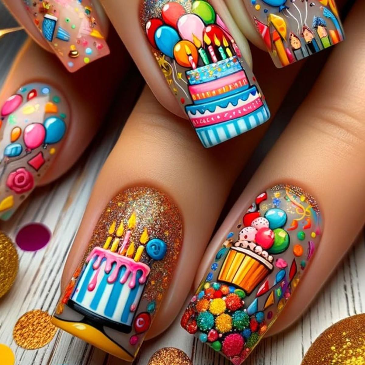 Photo 1 of Birthday Press On Nails, Square Medium Length, Glitter Cake Design, Glossy False Nails, 24 Pieces