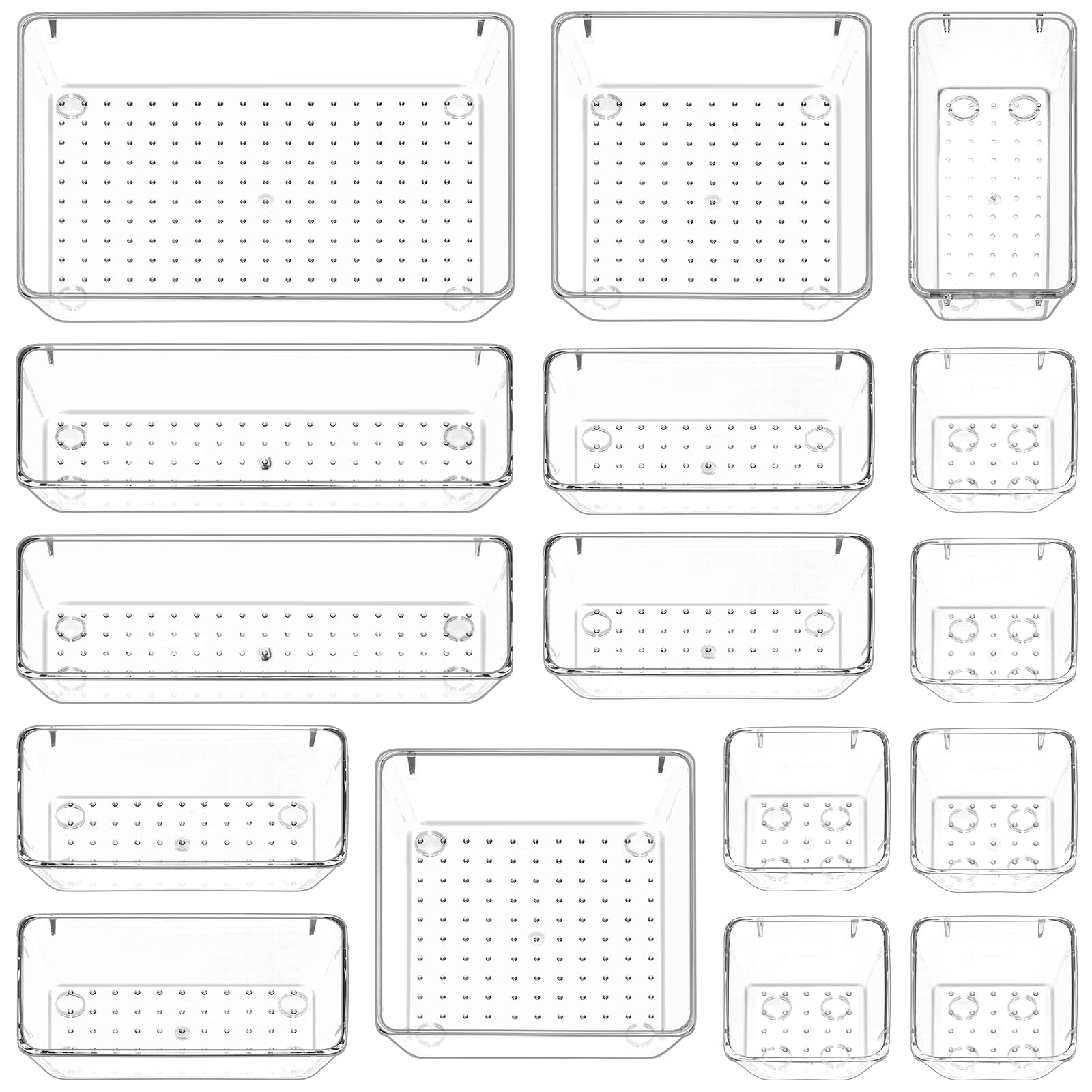 Puricon 16 Set Drawer Organiser Trays, Clear Plastic Trays Containers Drawer Organisation Storage for Dressing Table Make Up Desk Drawer Cupboards in Bedroom Bathroom Kitchen Office[Tray Depth 5.6cm]