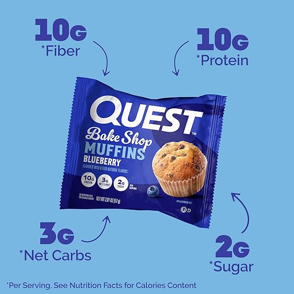 QUEST NUTRITION BLUEBERRY MUFFIN, 10G PROTEIN, 3G NET CARB, 2G SUGAR, PROTEIN SNACK, 4 COUNT