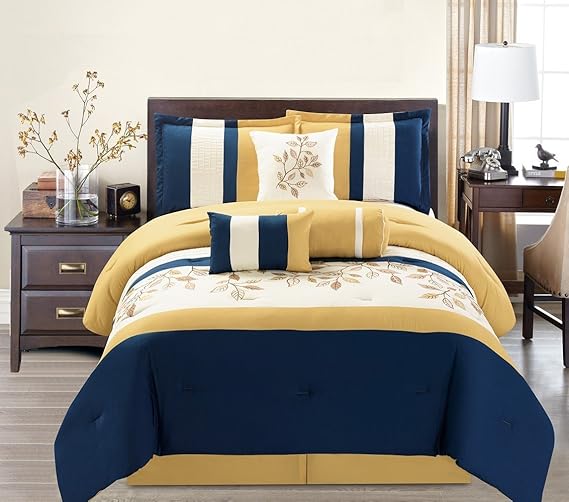 7 Piece Modern Oversize Yellow / Navy Blue / Beige Leaf