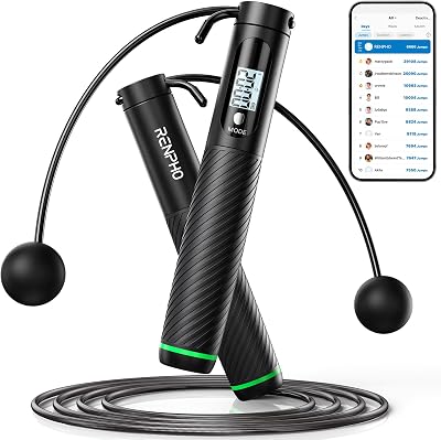 RENPHO Smart Jump Rope with Counter Adjustable Cordless Rope Fitness App Data