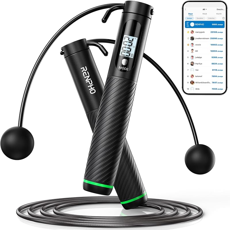 RENPHO Smart Jump Rope with Counter Adjustable Cordless Rope Fitness App Data