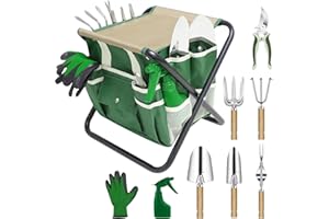 HoHaing Garden Tool Set, 10 Piece Kit with Heavy Duty Folding Stool, Detachable Storage Tote Bag, Stainless Steel Tools, Gifts for Women Men Green