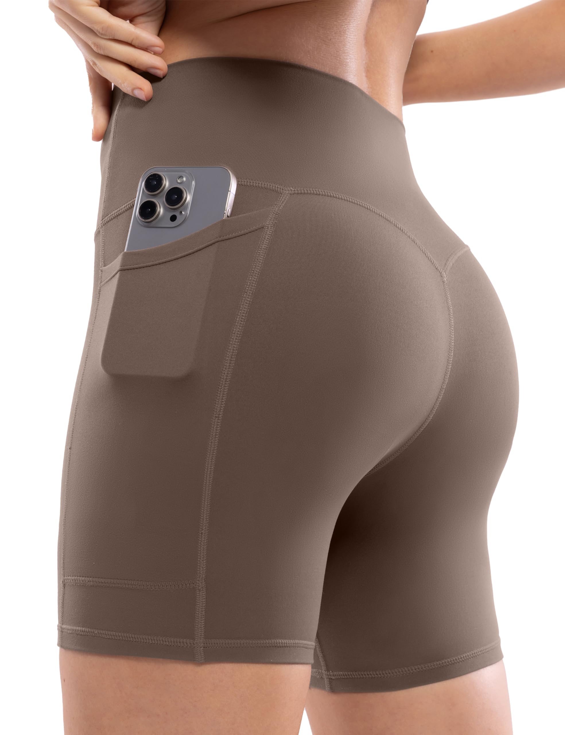 Photo 1 of POSHDIVAH Women's Creamluxe Yoga Shorts with Pockets - 6" High Waisted Spandex Workout Running Volleyball Biker Shorts, Mocha Mousse Medium
