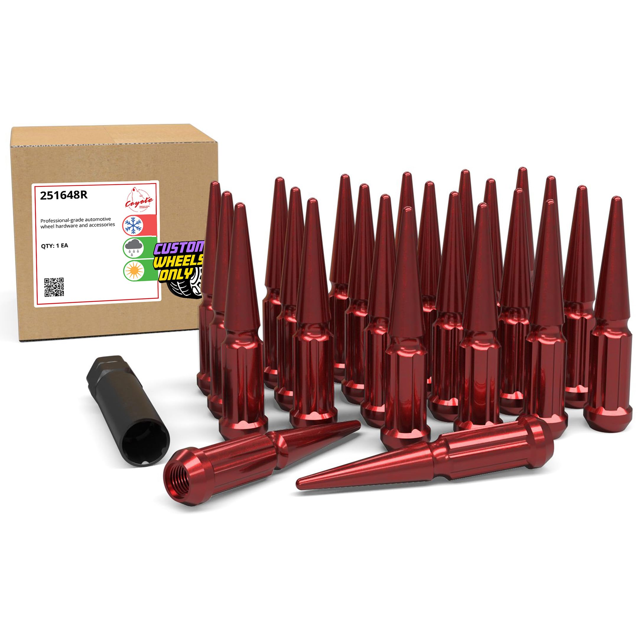 Wheel Accessories Parts 24 Pcs M14x1.5 14x1.5 Thread Spiked 4.4" Long Lug Nuts Red Truck Spline Hex Fits Chevy Silverado GMC Sierra RAM 1500 Ford F150 Bronco (Raptor Only) Image