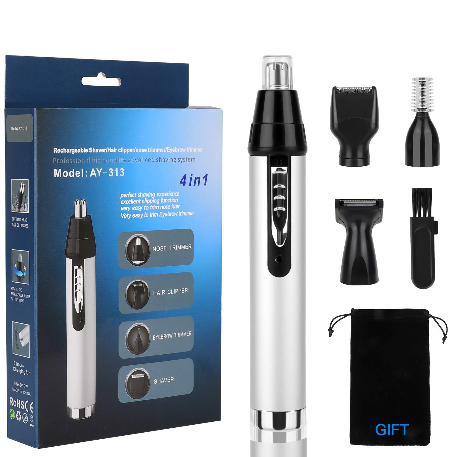 QKURT USB 4 in 1 Ear and Nose Hair Trimmer, Safely Painless Personal Grooming Kit for Men and Women, Waterproof Beard Trimmer for Easy Clean