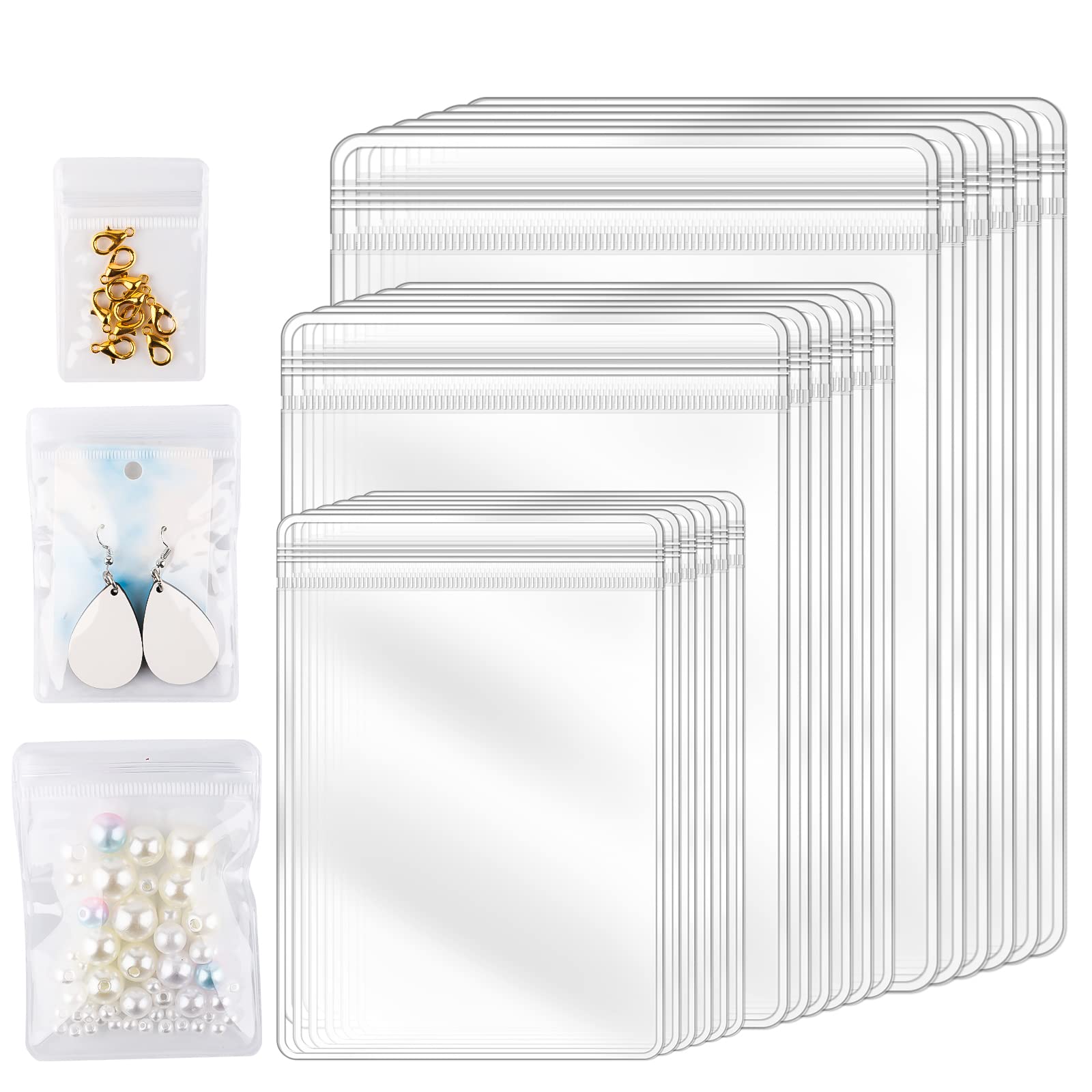 SAVITA 150pcs 3 Sizes Clear Earring Bags, PVC Self-Seal Zipper Waterproof Bags Thickened Reusable Storage Pouch for Jewelry Rings Necklace Bracelet