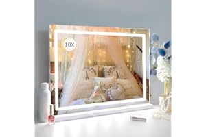 LilyHome Makeup Vanity Mirror with Lights, 22.8"x 18.1" Large LED Lighted Mirror with 10X Magnification and USB Charging Port, Smart Touch 3 Colors Dimmable, Touch Control for Bedroom, White