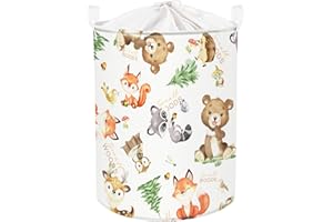 Clastyle 63L Woodland Animal Bear Fox Kid Laundry Hamper for Boys Girls Large Deer Squirrel Pine Clothes Toy Storage Basket with Lid for Nursery Room, 15.7x19.7 in