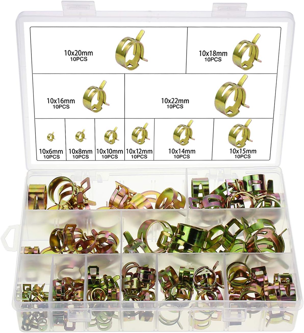 HSEAMALL 100 PCS Spring Hose Clamps, Fuel Line Hose Clips, Water Pipe Air Tube Silicone Vacuum Hose Clamp Fastener 6-20mm 10 Size