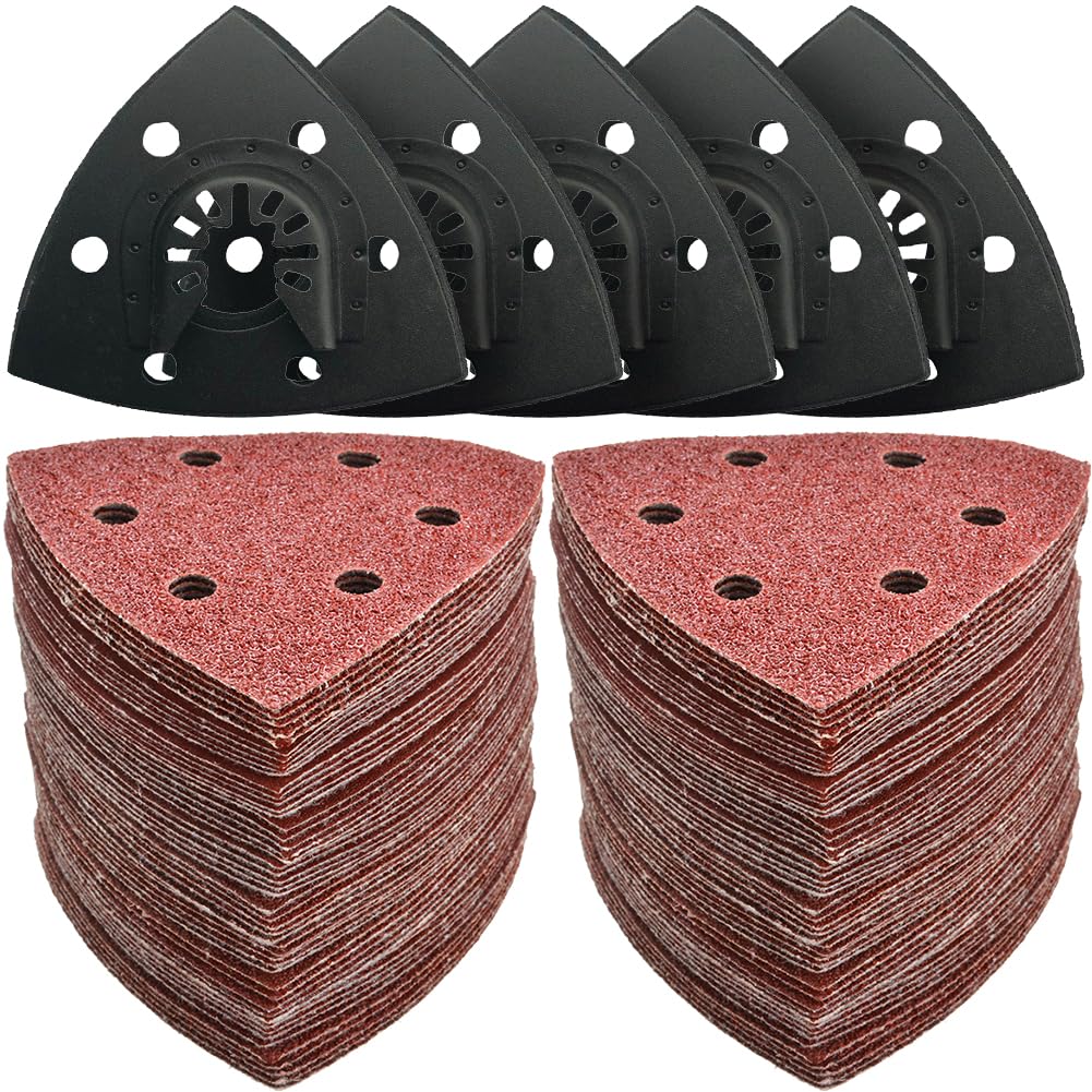 130Pcs 3-1/2 Inch 93mm Multi-Function Triangular Sanding Pad Kit, 5Pcs Triangle Sanding Pads, 125Pcs Sandpaper, 60/80 /120/180 /240 Grits Hook & Loop Multitool Sandpaper for Wood Sanding