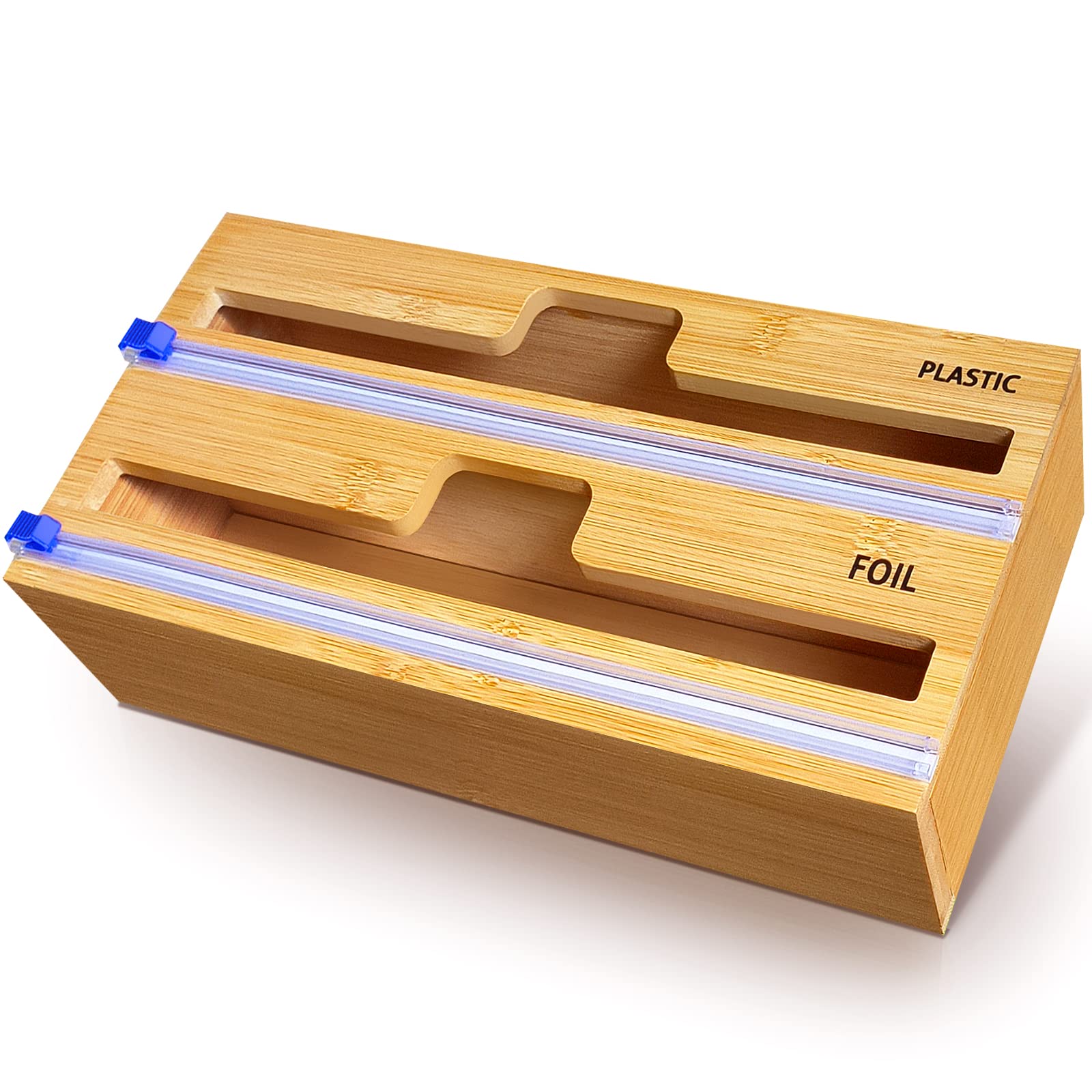 QINGLOU Wrap Dispenser with Cutter and Labels, Wax Paper,Foil and Plastic Wrap Organizer for Kitchen Drawer,Bamboo Roll Organizer Holder,Compatible with 12" Roll (2 in 1)