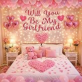 Chitidr Valentines Day Proposals Decorations Set Include Will You Be My Girlfriend Banner 6 Pcs Heart Foil Balloons and 1000 Pcs Artificial Rose Petals 20 Love Balloon For Engagements(Pink)