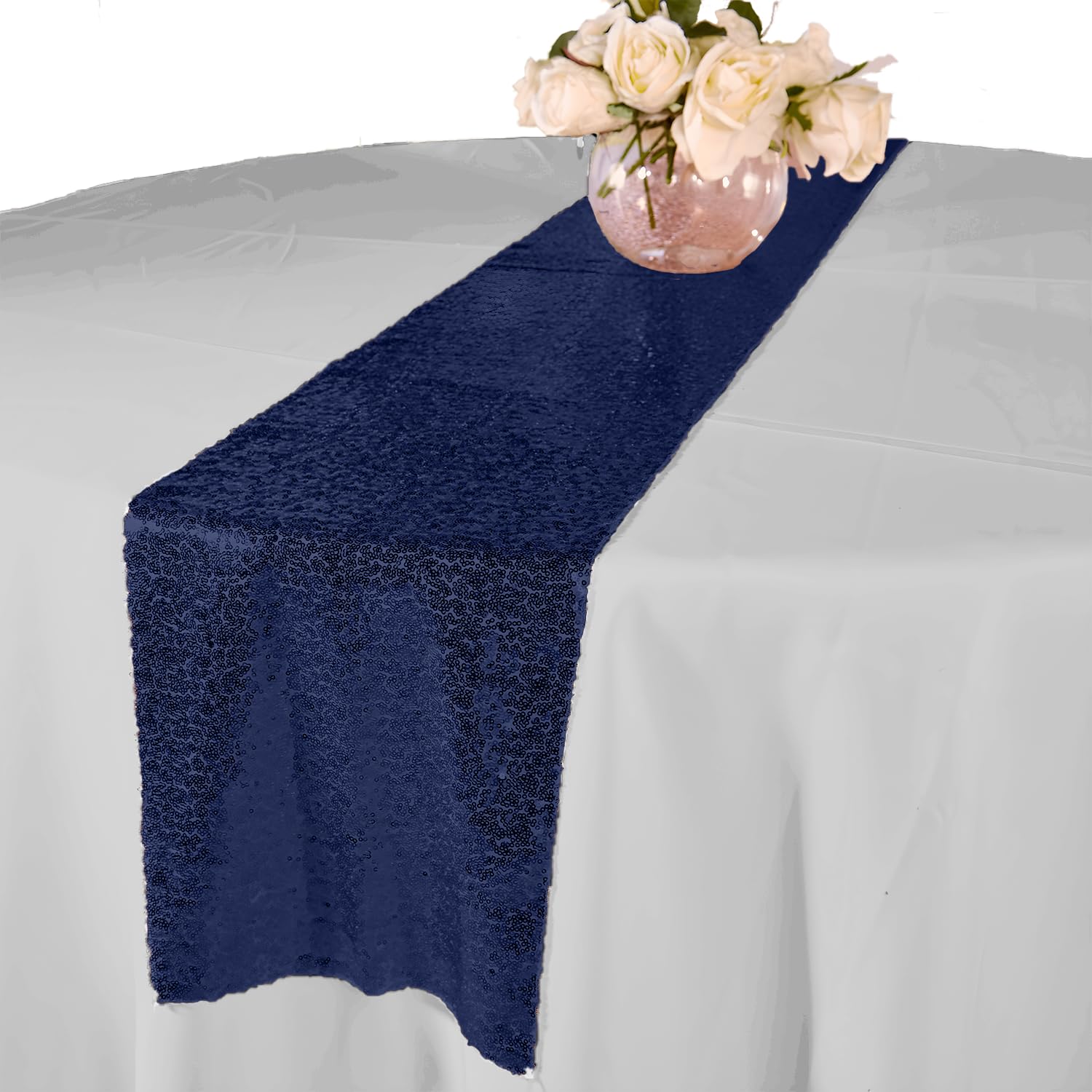 Elegant Event Essentials – Sequin Party Long Table Runner – For Spring Party, Wedding, Reception, Banquet, Home Dining Space Christmas Centrepiece Decoration (12” x 108”/30.48 x 274.32cm) - Navy Blue