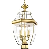Livex Lighting Lantern 2354-02 Monterey 3 Light Outdoor Polished Brass Finish Solid Brass Post Head with Clear Beveled Glass,