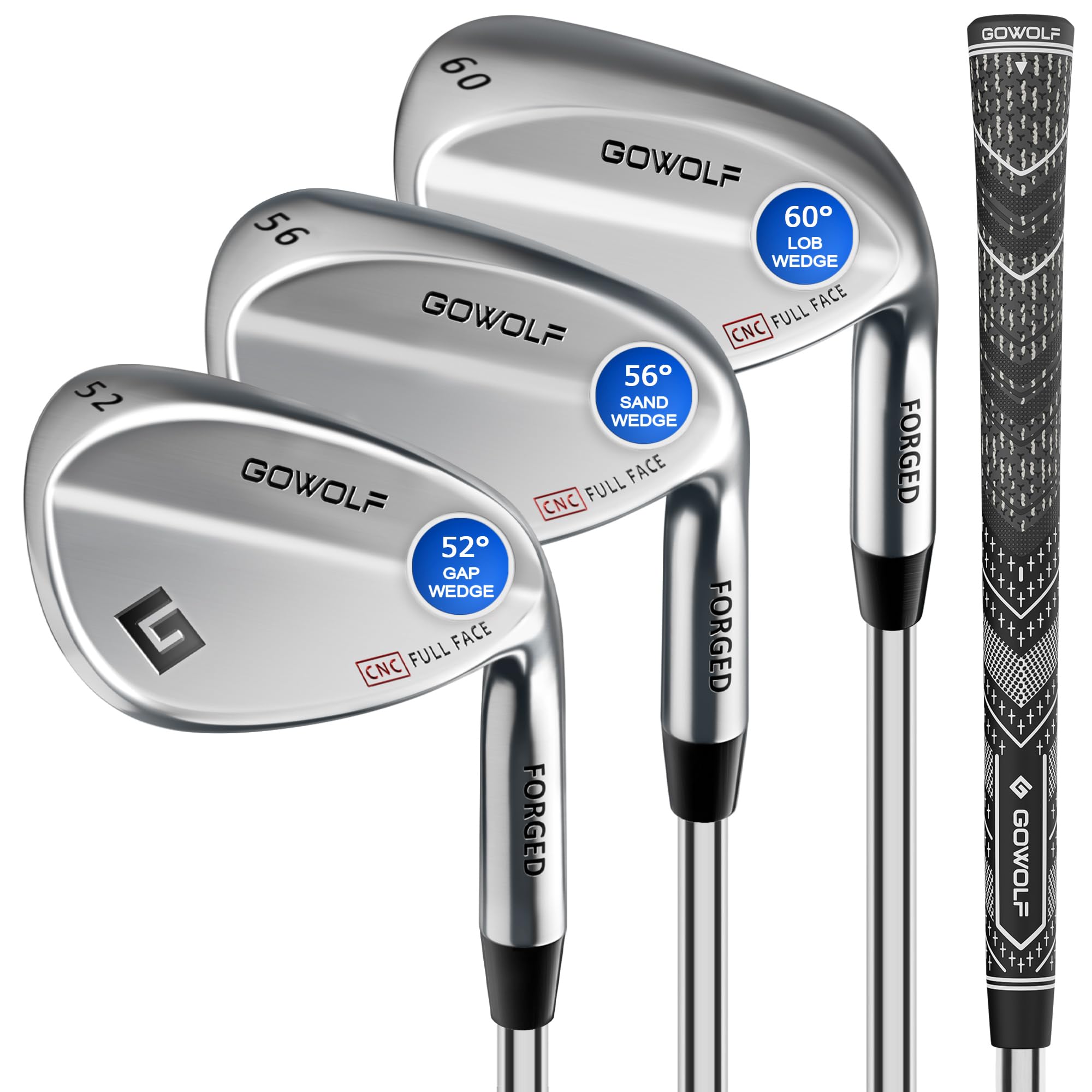 Photo 1 of Gowolf Golf Wedges 52, 56, 60 Sets Right Hand, Forged Full Face Golf Wedge Set for Men, Premium Golf Gap Wedge Sand Wedge Lob Wedge Golf Club, Great Golf Gifts - CNC Milled Face for More Spin (Chrome)