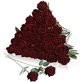 LPREUTWN 30pcs Fake Roses Artificial Silk Flowers Long Stems Bouquet for Wedding Bridal Shower Party Home Decoration (Wine Red)