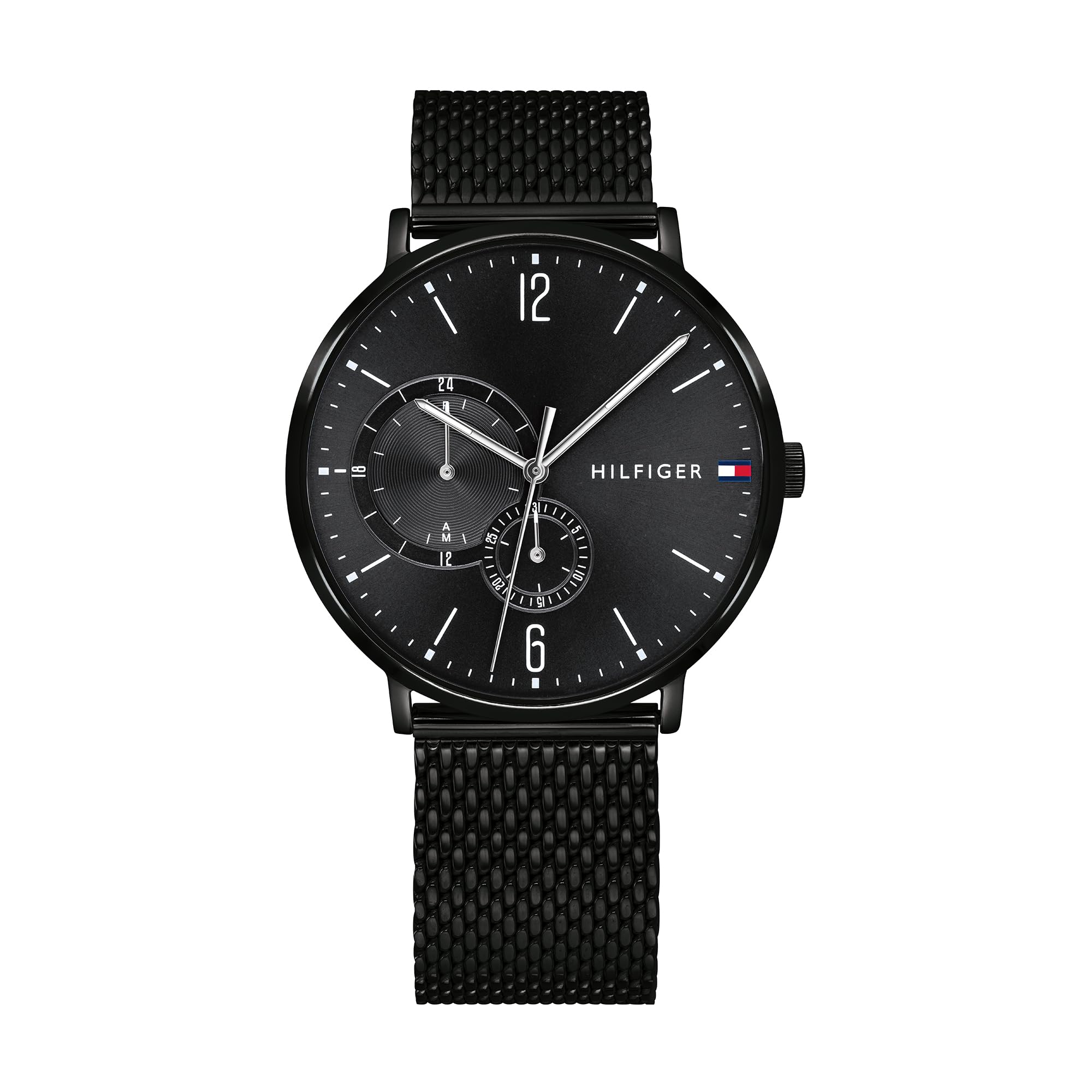 Tommy Hilfiger Men's 40mm Analogue Multifunction Quartz Watch - Black Dial, Stainless Steel Mesh Bracelet with Black IP, 2 Sub-Dials, 3ATM Water Resistance - 1791507