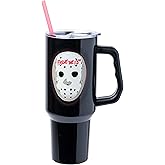 Silver Buffalo Friday The 13th Featuring Jason Voorhees’s Mask Double Walled Stainless Steel Tumbler with Handle and Straw, Fits in Standard Cup Holder, 40 Ounces
