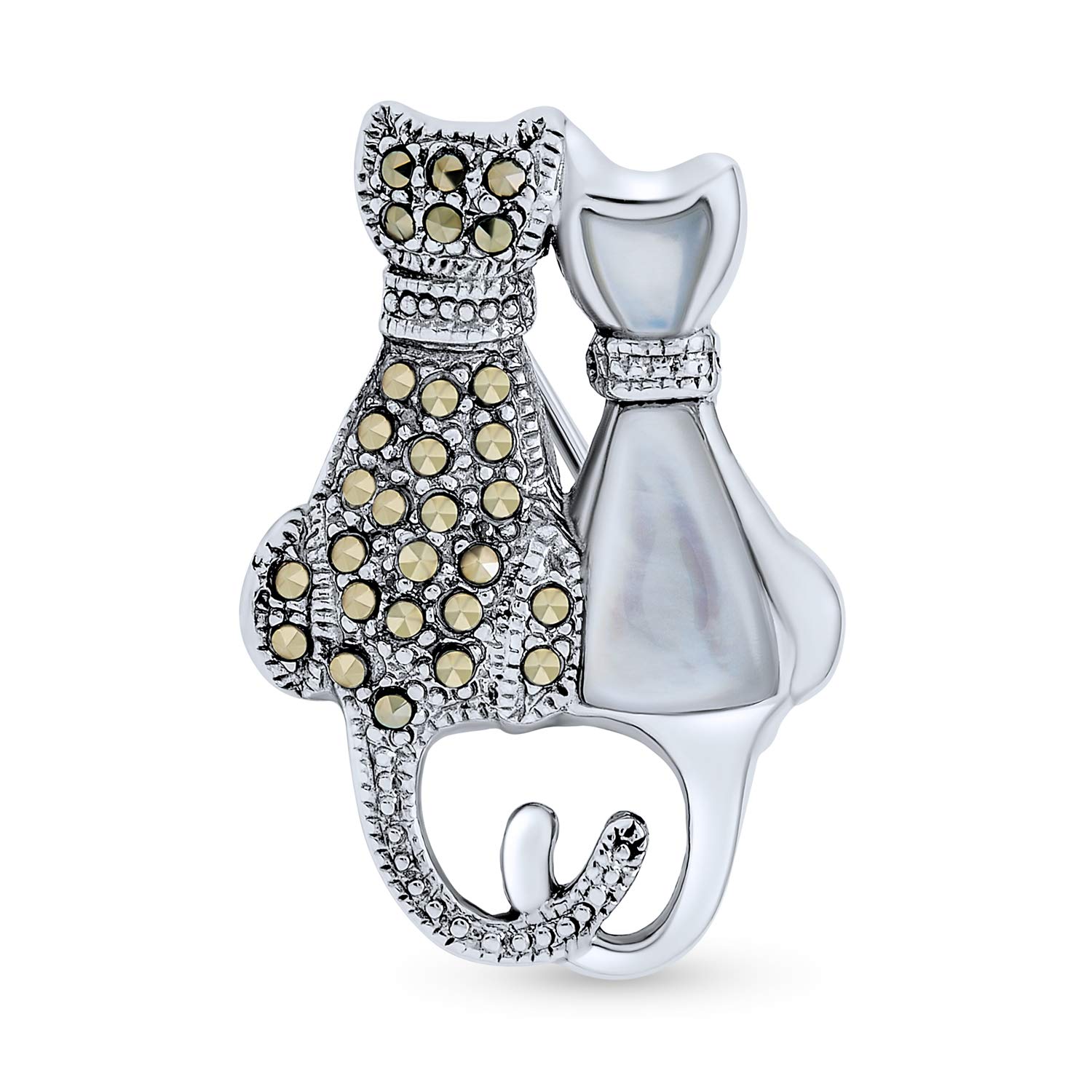 Black And White Marcasite Two Cute Sitting Cat Kitten Kitty Brooch Pin For Women .925 Sterling Silver White Mother of Pearl