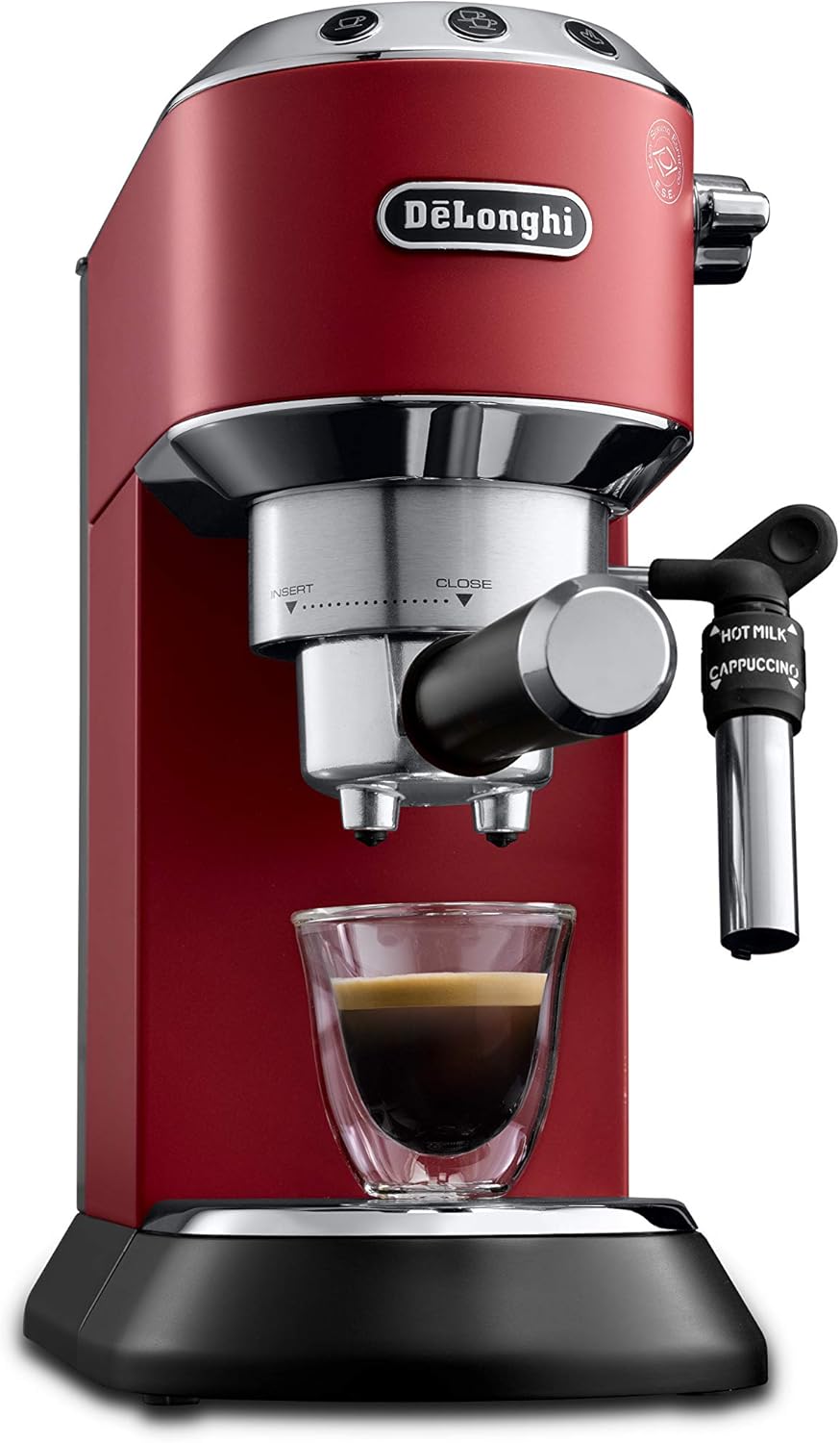 Amazon De De Longhi Dedica Style Ec 685 R Espresso Siebtragermaschine Espressomaschine Mit Professioneller Milchschaumduse Nur 15 Cm Breit 1 Liter Wassertank Vollmetallgehause E S E Pads Geeignet Rot