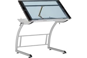 Studio Designs 10089 Triflex Drawing Table, Sit to Stand Up Adjustable Desk, Silver/Blue Glass
