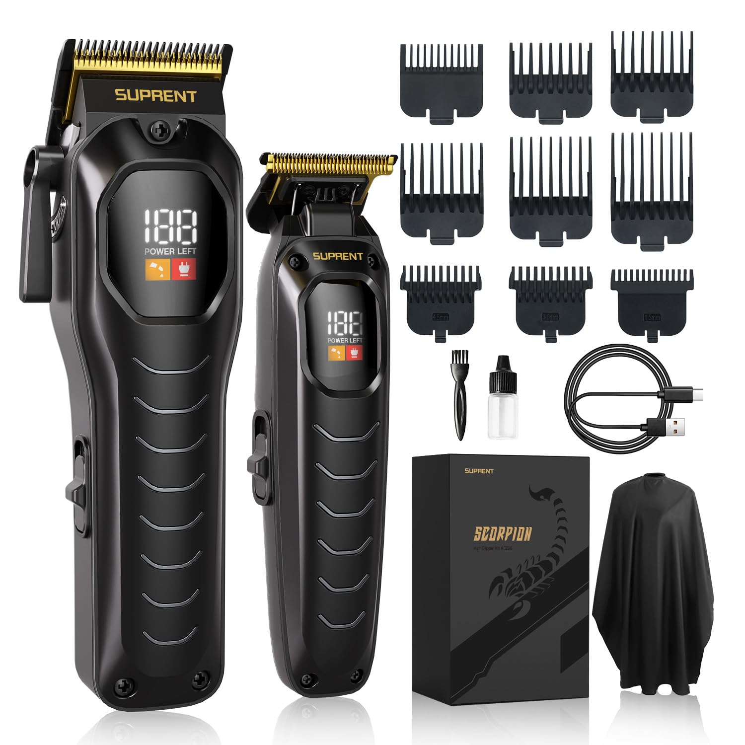 SUPRENT Hair Clippers for Men Professional, Cordless Mens Hair Clipper & Trimmer Set with Quiet 6000RPM Motor, LED Display & 9 Guide Combs, Barber Hair Cutting Kits for Home, Black