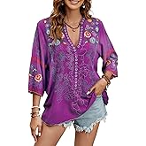 Mexican Shirts Peasant Blouses Cotton Embroidered 3/4 Sleeve Summer V Neck Tunic Bohemian Tops Boho Clothes for Women