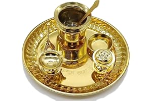 INDACORIFY Pooja Thali with Diya Pack of 7 Pcs Plated for Home and Office Temple Pooja Set Diwali Puja Navratri Thali Return Gift (Gold Color)