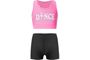 Hansber Kids Girls 2 Piece Dance Outfits Crop Top with Booty Shorts Active Set Gymnastics Leotard Dancewear Swimwear