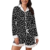 FKEEP Button Down Pajamas Sets Women Two-Piece Satin Silk Pjs Sets Loungewear Long Sleeve Sleepwear Shorts Nightwear Sets