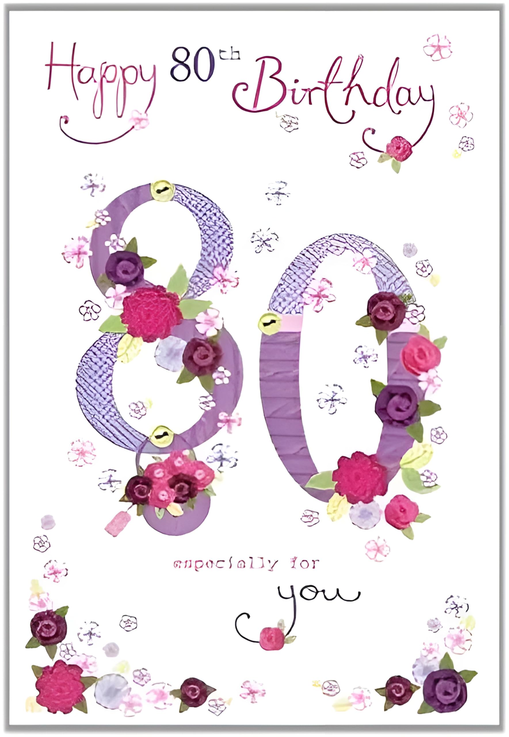 Nigel Quiney Female 80th Birthday Card (NQ-HS258) - Knitted Age 80 and Floral Basket - Flitter Finish